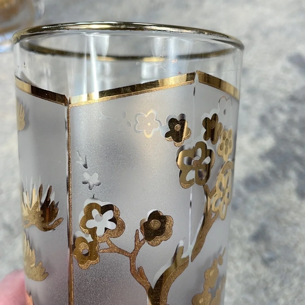 Asian Gold Leaf Frosted High Ball Glasses Pagoda Lotus Tree Cocktail Set of 2